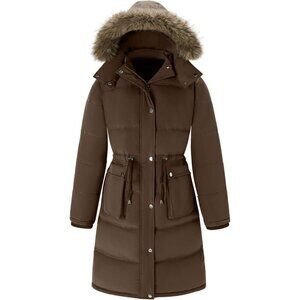 Women's Long Puffer Hood Jacket Coat Camel Winter Warm Detachable Fur Trim